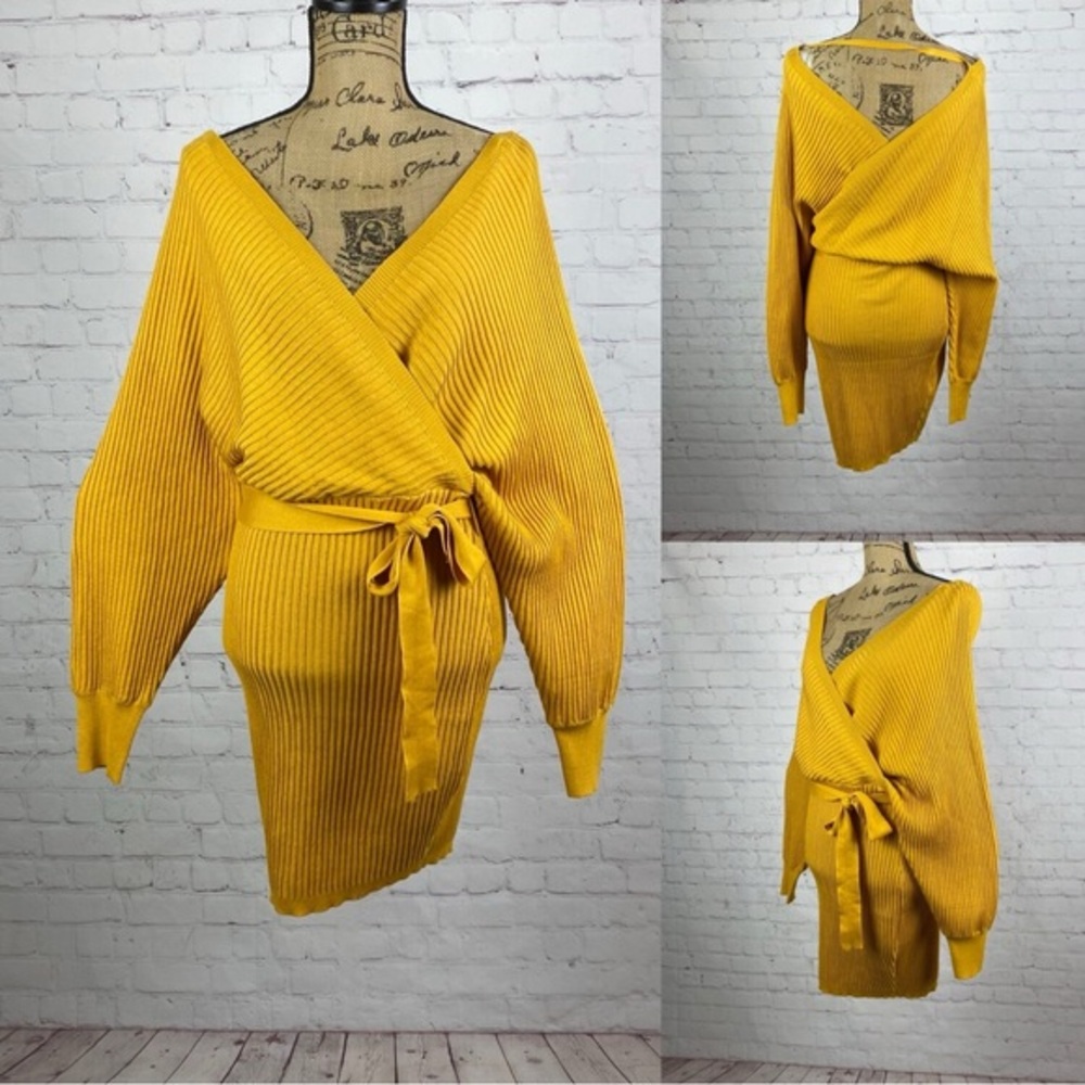 Love Tree Mustard Ribbed Knit Sweater Dress with Tie Waist